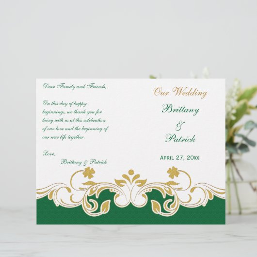 Green Gold White Scrolled Wedding Programme COVER (Debout devant)
