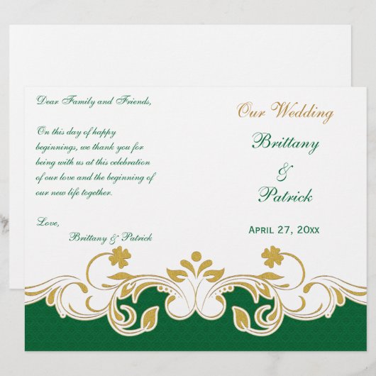 Green Gold White Scrolled Wedding Programme COVER (Devant / Derrière)