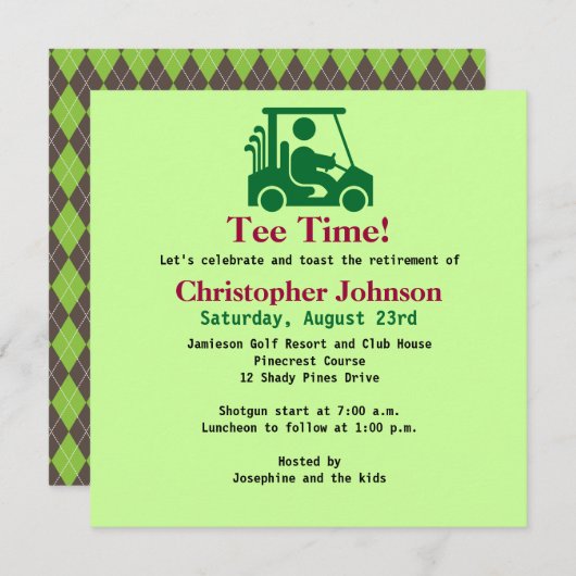Green Golfer en chariot Retraite Party Invitation (Devant / Derrière)