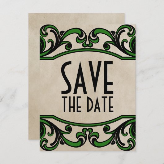 Green Gothic Swirls Enregistrer la date Carte post (Devant / Derrière)