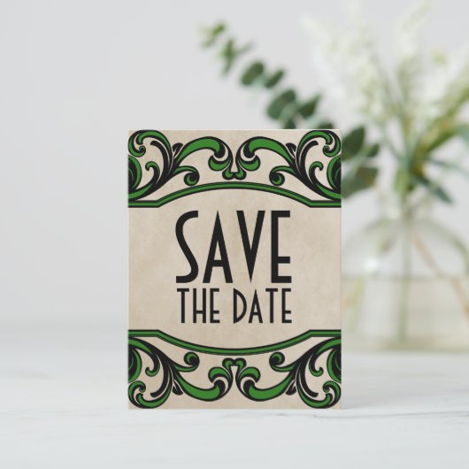 Green Gothic Swirls Enregistrer la date Carte post (Debout devant)