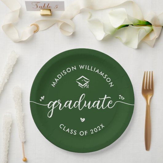 Green Graduation Script Hearts Cap Icon Modern Fun Papieren Bordje (Huwelijk)