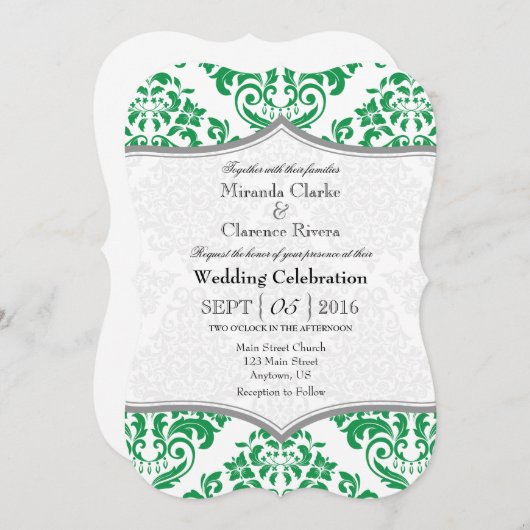 Green Grey Damask Bracket Wedet Invitation (Devant / Derrière)