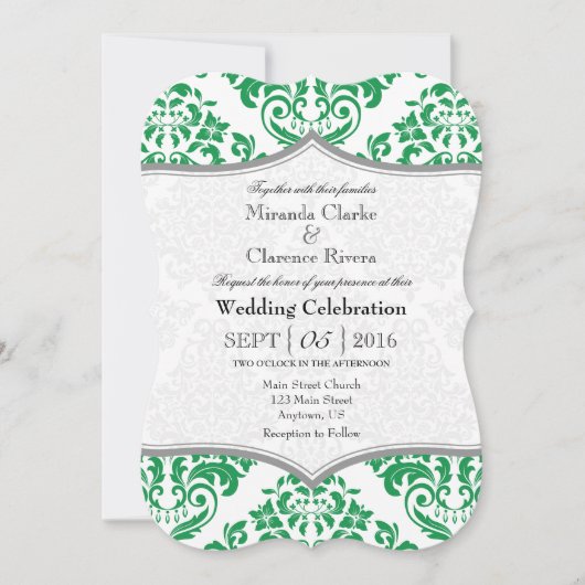 Green Grey Damask Bracket Wedet Invitation (Devant)
