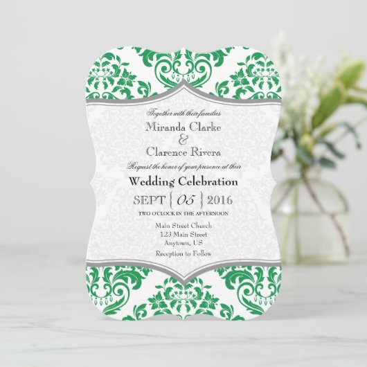 Green Grey Damask Bracket Wedet Invitation (Debout devant)
