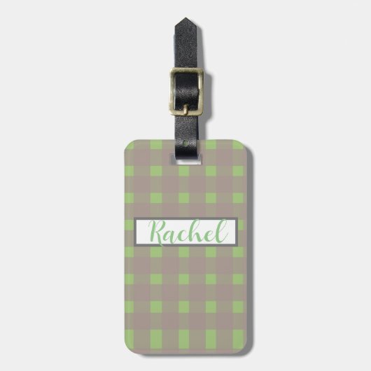 Green Grey Gingham Personalized Bagagelabel (Voorkant verticaal)