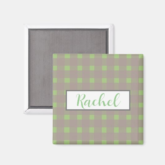 Green Grey Gingham Personalized Magneet (Voorkant / Achterkant)