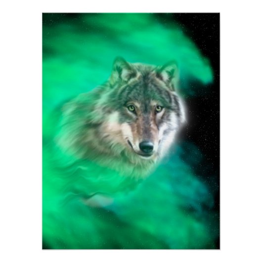 Green Grey Wolf Spirit Animal Glossy Poster (Devant)
