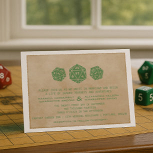 Green Grunge D20 Dice Gamer Wedding Invitation Kaart