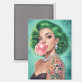 Green-Haired Bubblegum Pin-Up Girl Magnet – Retro  (Recto/Verso)