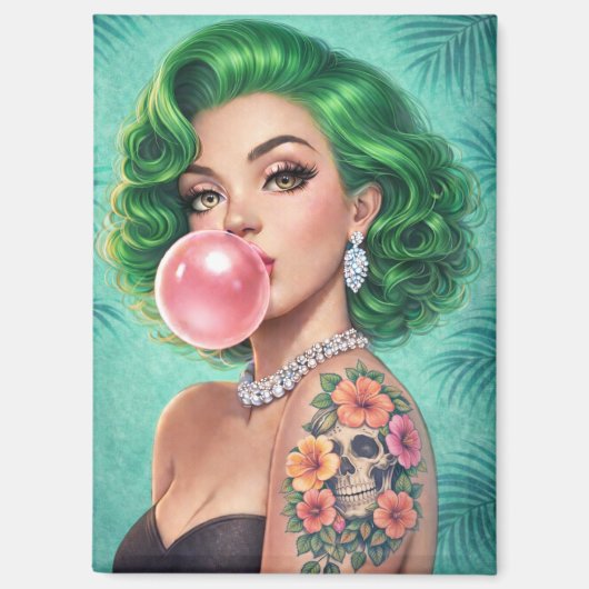 Green-Haired Bubblegum Pin-Up Girl Magnet – Retro  (Recto)