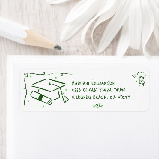 Green Hand Drawn Doodle Graduate Cap White Address Etiket (Insitu)
