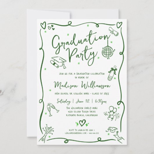 Green Hand Drawn Doodle Graduation Fun White Party Kaart (Voorkant)