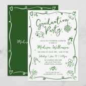 Green Hand Drawn Doodle Graduation Fun White Party Kaart (Voorkant / Achterkant)