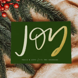 Green Hand-Lettered Joy Gold Foil Holiday Kaart
