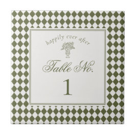 Green Harlequin Checkered Wedding Table Number Tegeltje