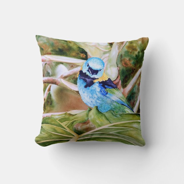 Green-head Tanager Waterverf Fine Art Pillow Kussen (Voorkant)