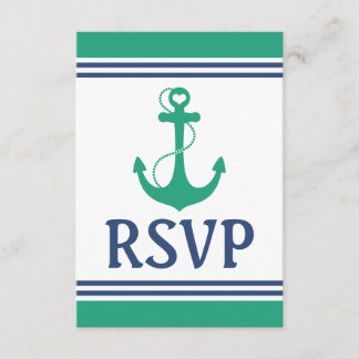 Green Heart Anchor Monogram Wedding RSVP Kaartje