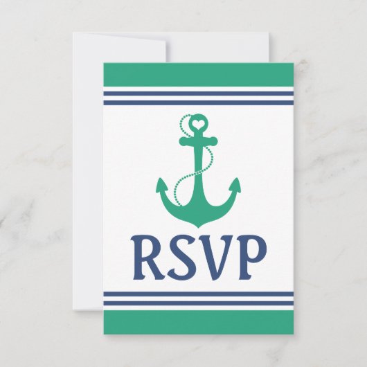 Green Heart Anchor Monogram Wedding RSVP Kaartje (Voorkant)