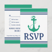 Green Heart Anchor Monogram Wedding RSVP Kaartje (Voorkant / Achterkant)