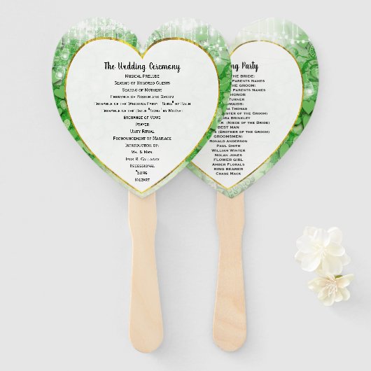 Green Heart Leaf Tree Wedding Program Fan Handwaaier (Voorkant en achterkant)