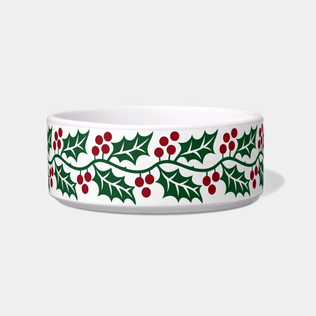 Green Holly and Red Berries Christmas Pattern Voerbakje (Voorkant)