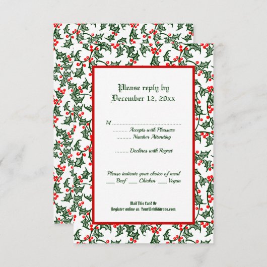 Green Holly Holiday Editable 3,5x 5-inch Response Kaart (Voorkant / Achterkant)