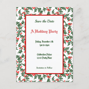 Green Holly Pattern Holiday Editable Save the Date Briefkaart