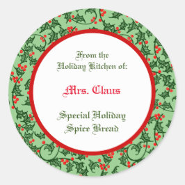 Green Holly with Red Berries Custom Baking Ronde Sticker