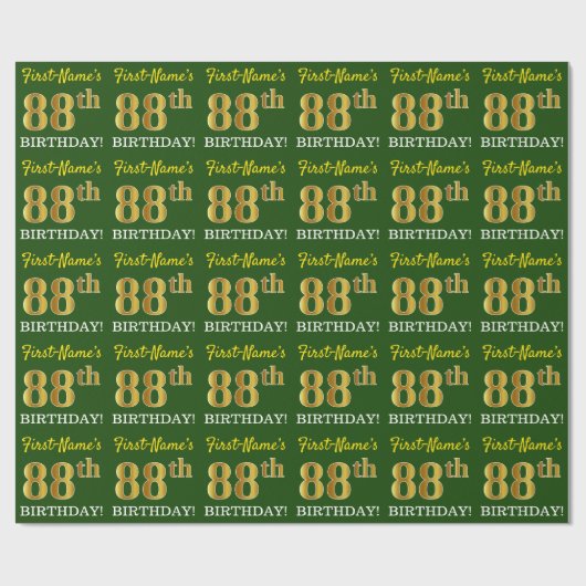 Green, Imitation Gold look "88th BIRTHDAY" Cadeaupapier (Vlak)