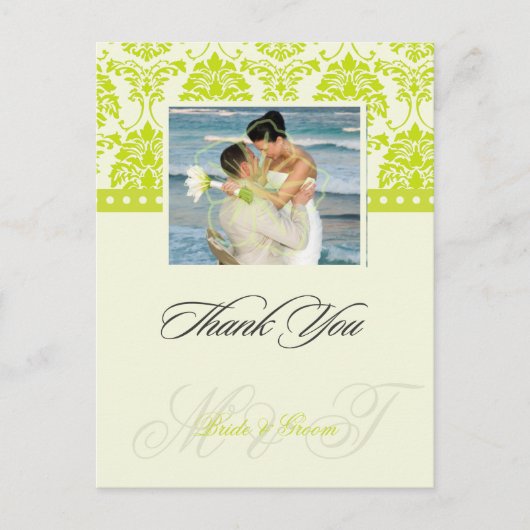 Green + Ivory Damask Merci Carte postale, (Devant)