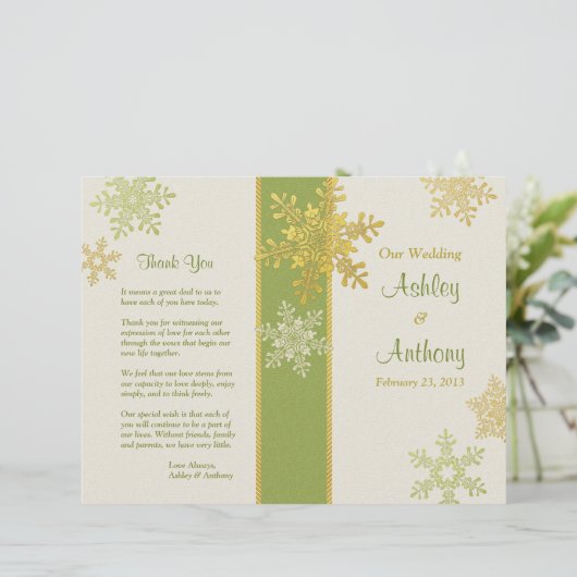 Green Ivory Gold Snowflake Programme de mariage hi (Debout devant)