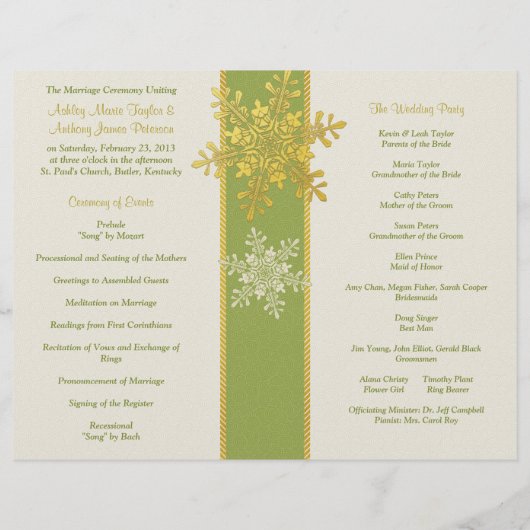 Green Ivory Gold Snowflake Programme de mariage hi (Dos)
