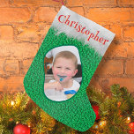 Green Joyeux Noël personnalisé Nom photo unique Am<br><div class="desc">Photo personnalisée Nom personnalisé vert moderne imprimé polaire Petit magasin de Noël</div>