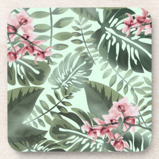 Green Jungle Print and Orchids Plastic Coaster Set Bier Onderzetter