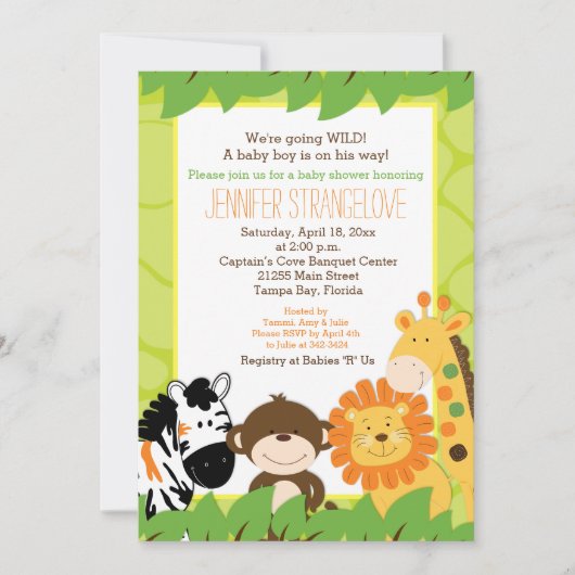 Green Jungle Safari Animaux Baby shower Invitation (Devant)