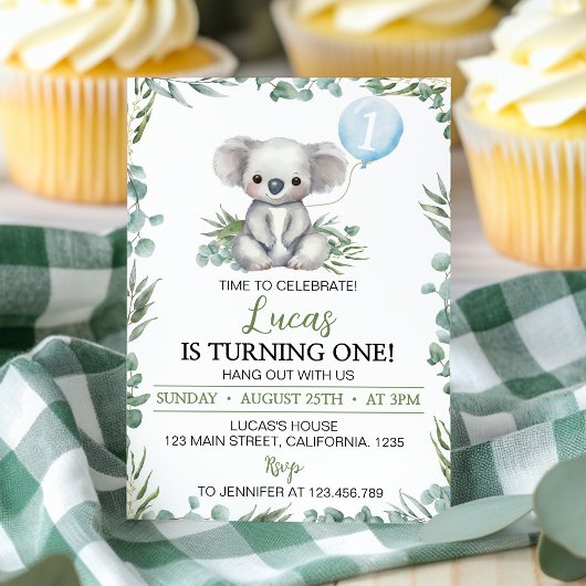 Green Koala Balloon Boy Invitation Anniversaire
