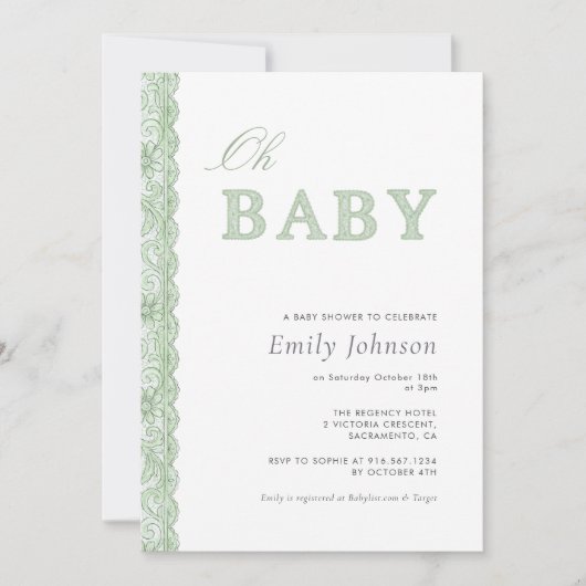 Green Lace Gender Neutral Baby Shower Invitation (Devant)