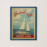 Green Lake Jigsaw Puzzle Voilier Retro Wisconsin<br><div class="desc">Ce voeu de Green Lake Wisconsin design nautique de voyage vintage comprend un bateau naviguant sur l'eau avec des mouettes et un ciel bleu rempli de somptueux nuages blancs bouffants.</div>