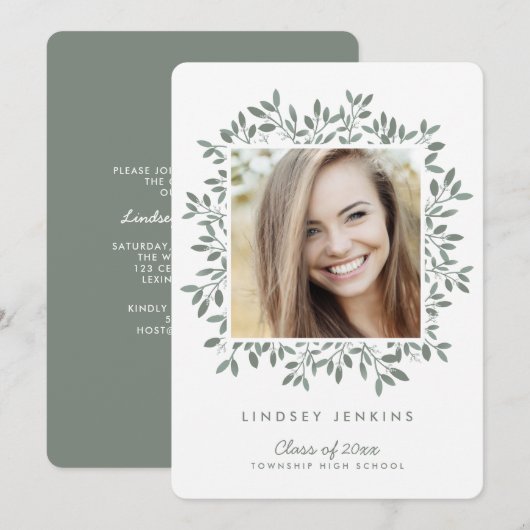 Green Leaf Afstudeerder Foto Afstuderen Uitnodigin Kaart (Voorkant / Achterkant)