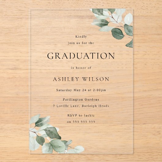 Green Leaf Afstuderen Celebration Party Acryl Uitnodigingen (Voorkant)