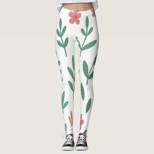 Green Leaf and Pink Flower  Pattern Legging (Devant)