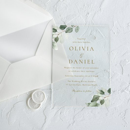 Green Leaf Elegance Moderne bruiloft Acryl Uitnodigingen