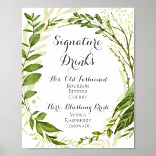 Green Leaf Signature Drink Cocktail Sign, Rustic Poster