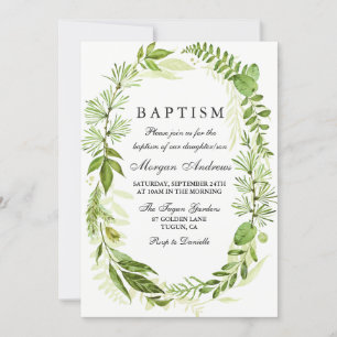 Green Leaf Wreath Girl of Boy Baptism Invitation Kaart