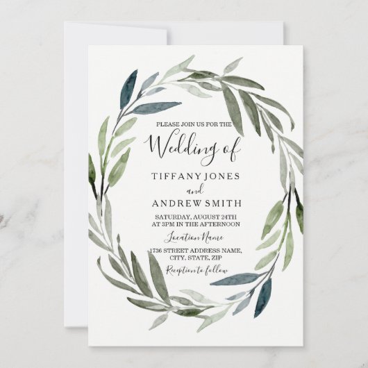 Green Leaf Wreath Modern Spring Wedding Invite Kaart (Voorkant)
