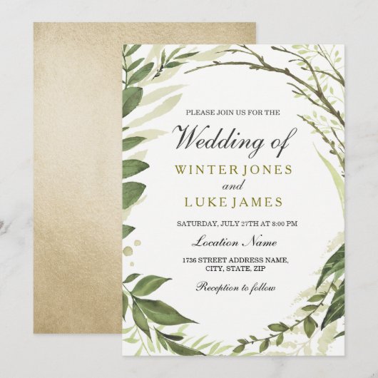 Green Leaf Wreath of Gold Foil Wedding Invitation (Devant / Derrière)