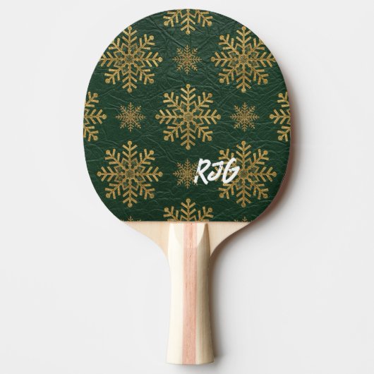 Green Leather Tooled with Gold Snowflakes Initials Tafeltennisbatje (Voorkant)