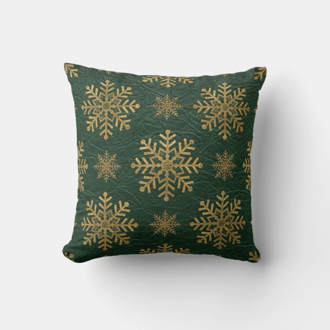 Green Leather Tooled with Gold Snowflakes Kussen (Voorkant)
