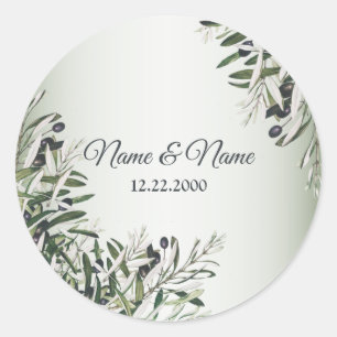 Green Leaves Black Olive Elegant Wedding Ronde Sticker